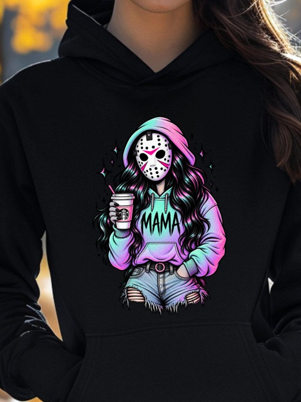 Friday the 13th Mama HOODIE Graphic Sweatshirt Cozy Fall Halloween Jason Mask